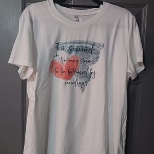White Graphic Tee with Heart & Tornado Quote